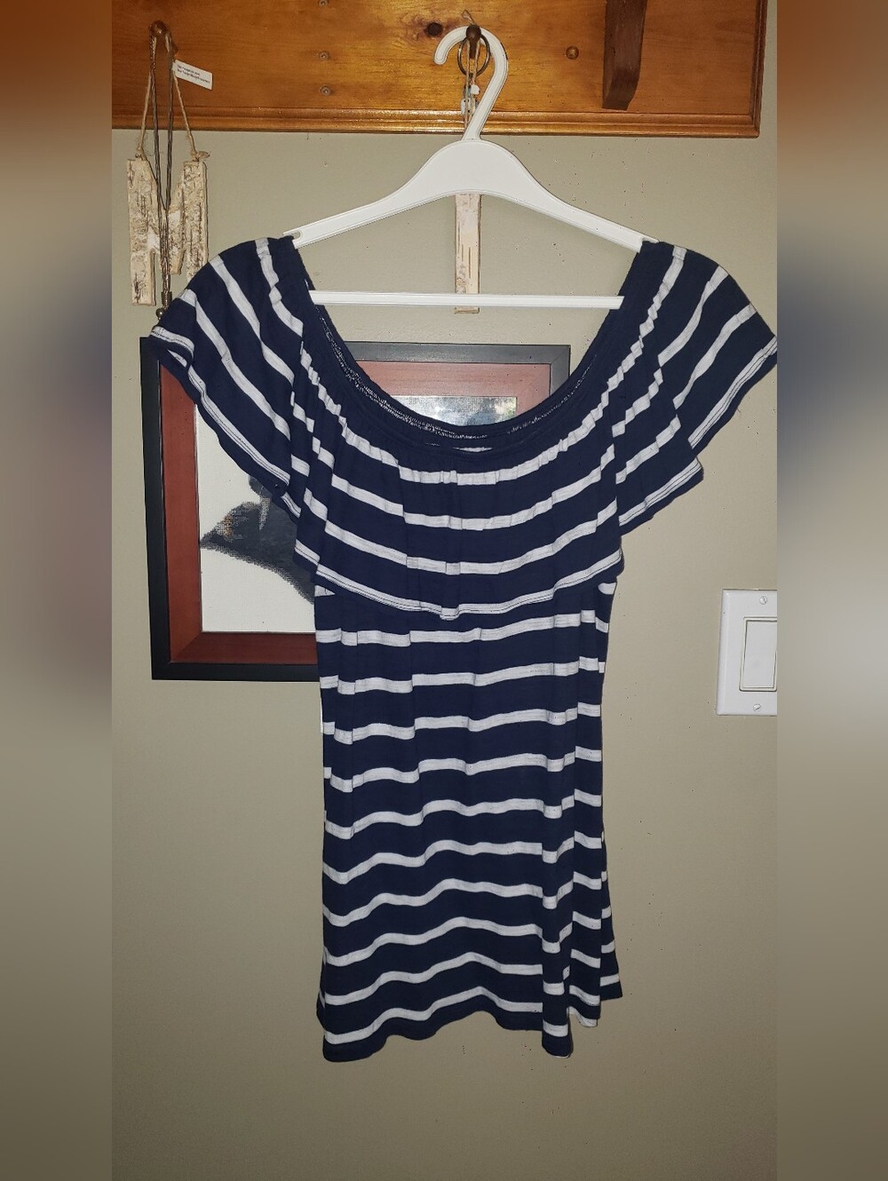 Striped Navy and White Off-Shoulder Women’s Sweater